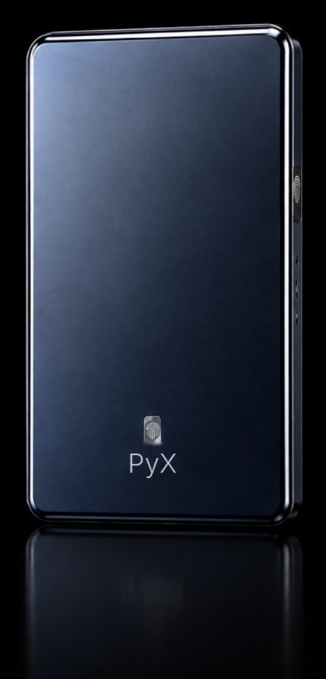 Closed blue PyX Core titanium wallet