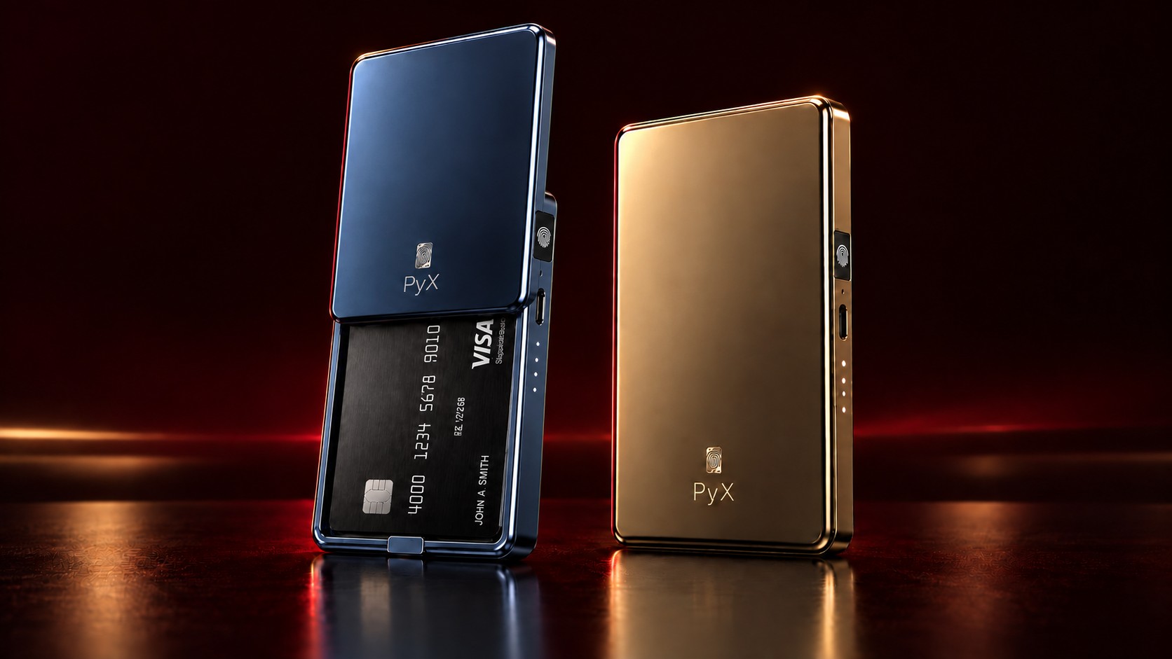 Blue PyX wallet with sliding card compartment open beside a closed gold PyX wallet