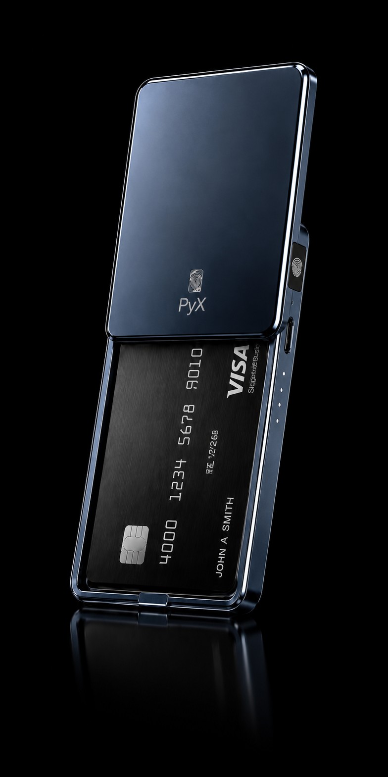 Open blue PyX Vault with its sliding enclosure and card compartment visible